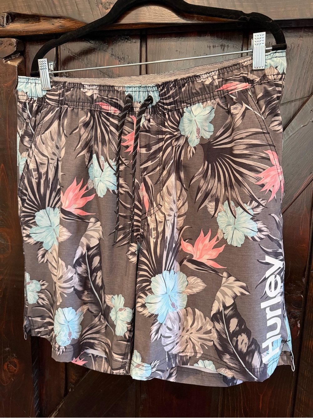 Hurley Grey Floral Tropical Board Shorts with Blue/Pink Accents